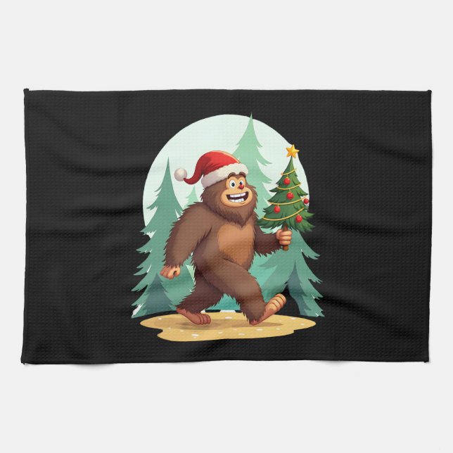 Bigfoot Christmas Tree Santa Hat (2) Geschirrtuch (Horizontal)