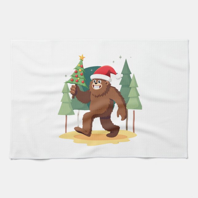 Bigfoot Christmas Tree Santa Hat (4) Geschirrtuch (Horizontal)