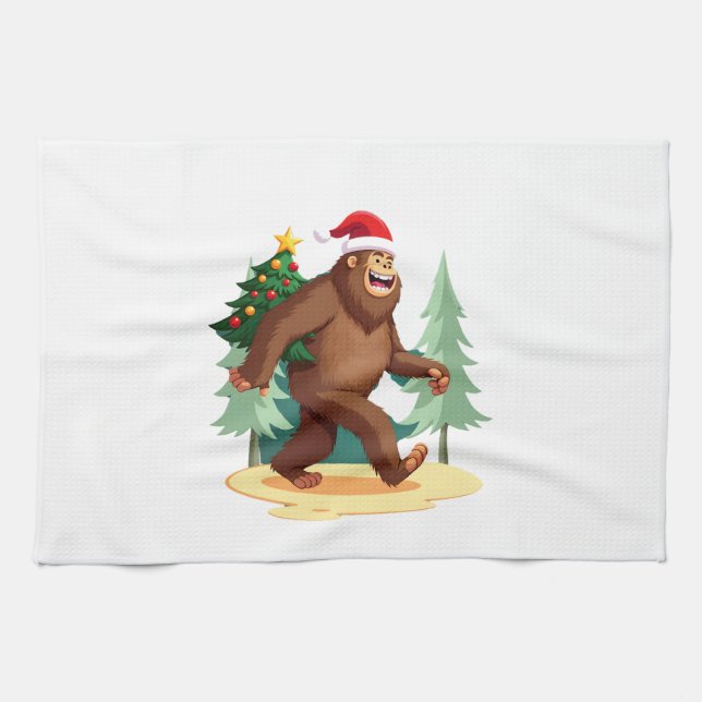 Bigfoot Christmas Tree Santa Hat (5) Geschirrtuch (Horizontal)