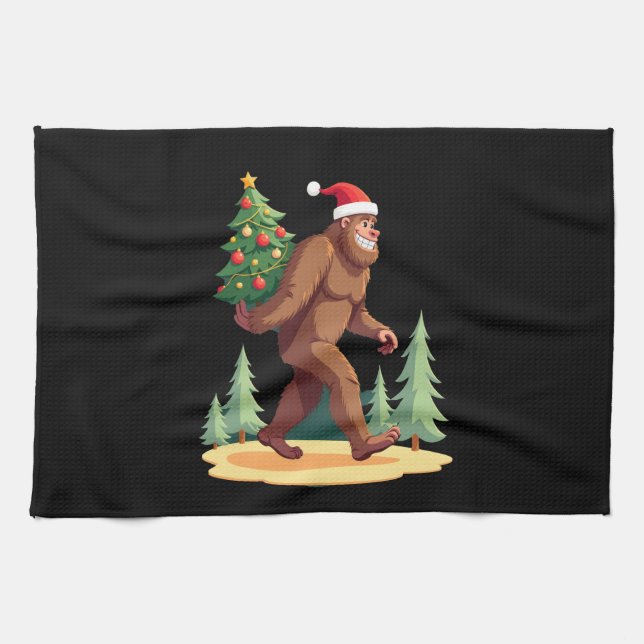Bigfoot Christmas Tree Santa Hat Geschirrtuch (Horizontal)