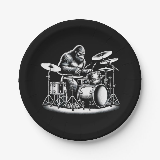 Bigfoot Drummer Sasquatch Playing Drums Musician B Pappteller (Vorderseite)