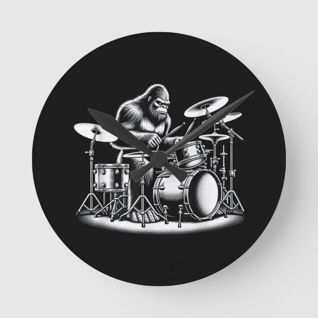Bigfoot Drummer Sasquatch Playing Drums Musician B Runde Wanduhr (Vorderseite)
