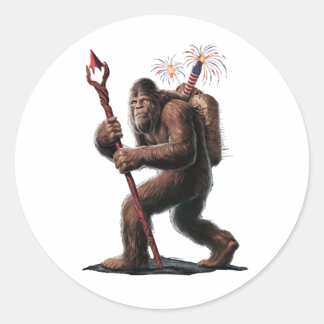 Bigfoot Feuerwerk 4. Juli Usa Flag Sasquatch Runder Aufkleber (Vorderseite)