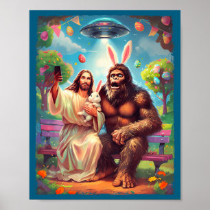 Bigfoot-Hase lustiges Ostern Jesus Sasquatch Selfi Poster
