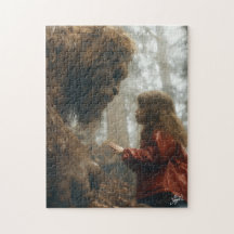 Bigfoot knien hinunter Hören auf ein Kinderpuzzle