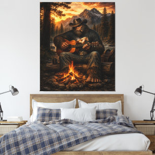 Bigfoot Lagerfeuer-Gitarrespieler Leinwanddruck