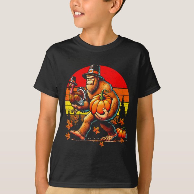 Bigfoot Lgrim Turkey Pumpkin Thanksgiving Day Boys T-Shirt (Vorderseite)