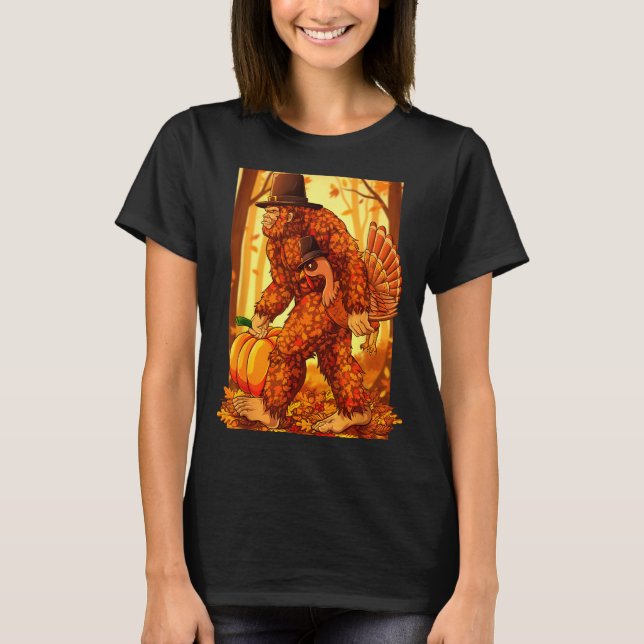 Bigfoot Lgrim Turkey Pumpkin Thanksgiving Day Funn T-Shirt (Vorderseite)
