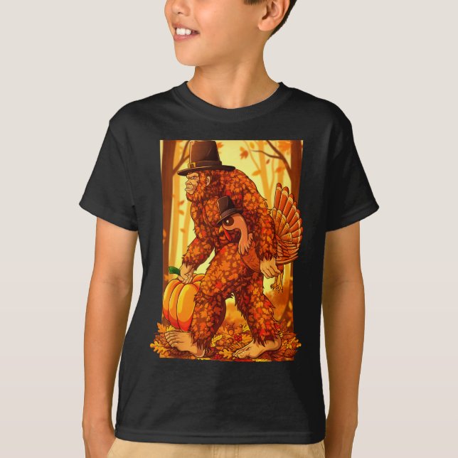 Bigfoot Lgrim Turkey Pumpkin Thanksgiving Day Funn T-Shirt (Vorderseite)