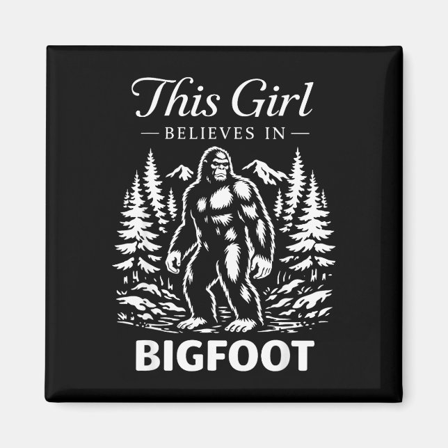 Bigfoot-Mädchen, das an Sasquatch-Cryptid im Wald  Magnet (Vorne)