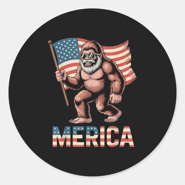 Bigfoot Merica Rock American Flag Patriotic 4. Runder Aufkleber (Vorderseite)