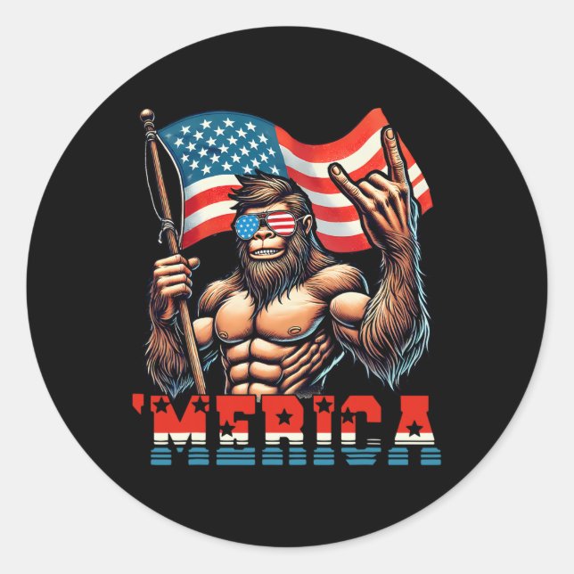 Bigfoot Merica Rock American Flag Patriotic 4. Runder Aufkleber (Vorderseite)