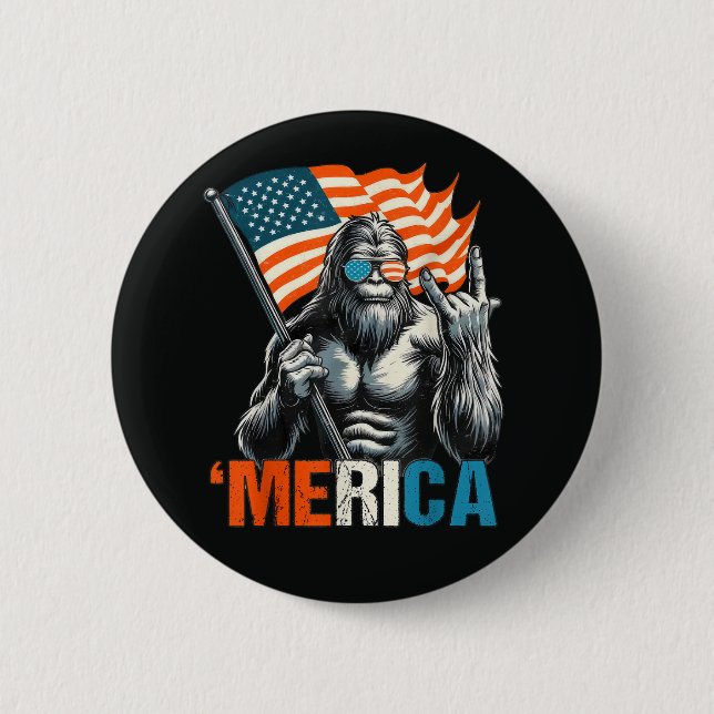 Bigfoot Merica Rock Amerikanische Flagge Button (Vorderseite)