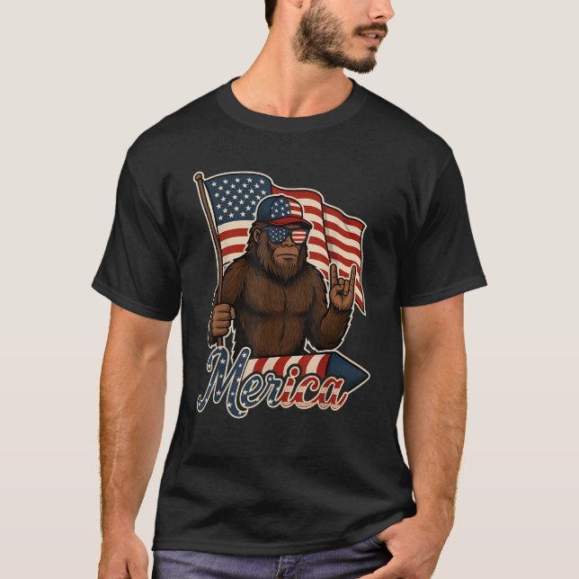 Bigfoot Merica Rock Patriotic American Flag 4. T-Shirt (Vorderseite)