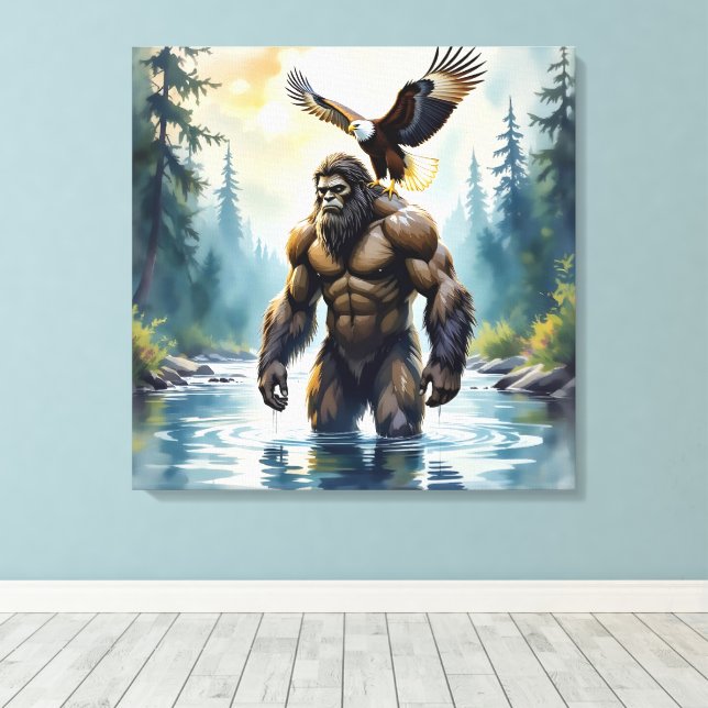 Bigfoot mit einem Adler auf der Schulter Leinwanddruck (Insitu (Holzboden))