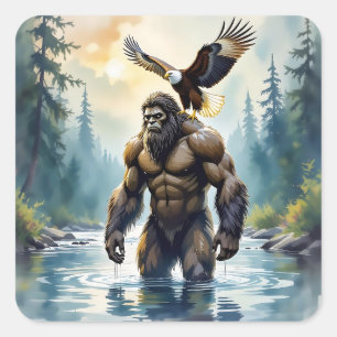 Bigfoot mit einem Adler auf der Schulter Quadratischer Aufkleber