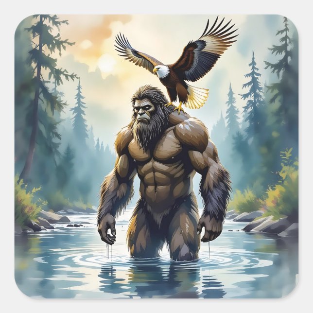 Bigfoot mit einem Adler auf der Schulter Quadratischer Aufkleber (Vorderseite)