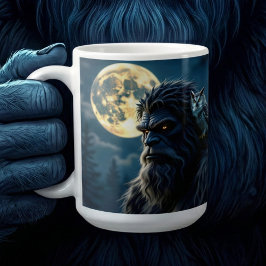 Bigfoot mit leuchtenden Augen und Eule auf der Sch Kaffeetasse