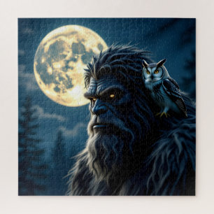 Bigfoot mit leuchtenden Augen und Eule auf der Sch Puzzle
