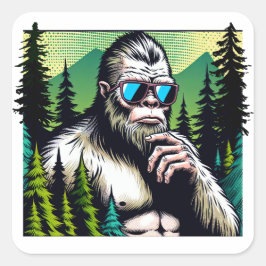 Bigfoot mit Sonnenbrille Verstecken im Wald Quadratischer Aufkleber