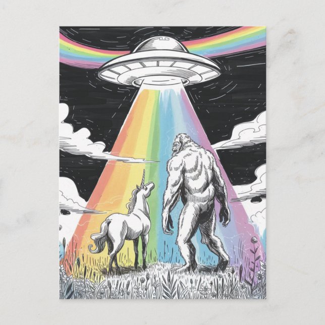 Bigfoot mit Unicorn und einem UFO Postkarte (Vorderseite)
