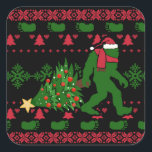 Bigfoot on knit background quadratischer aufkleber<br><div class="desc">bigfoot christmas yeti sasquatch, 
beautiful snowflakes adorable knitted , 
crochet funny cartoon snow , 
tree snowflake decor illustration , 
happy knitwear cute knit , 
sweater monster cheerful beast , 
retro vintage hat cool , 
holiday colorful santa claus , 
snow man drawing animal , 
sasquatch bigfoot christmas yeti , </div>