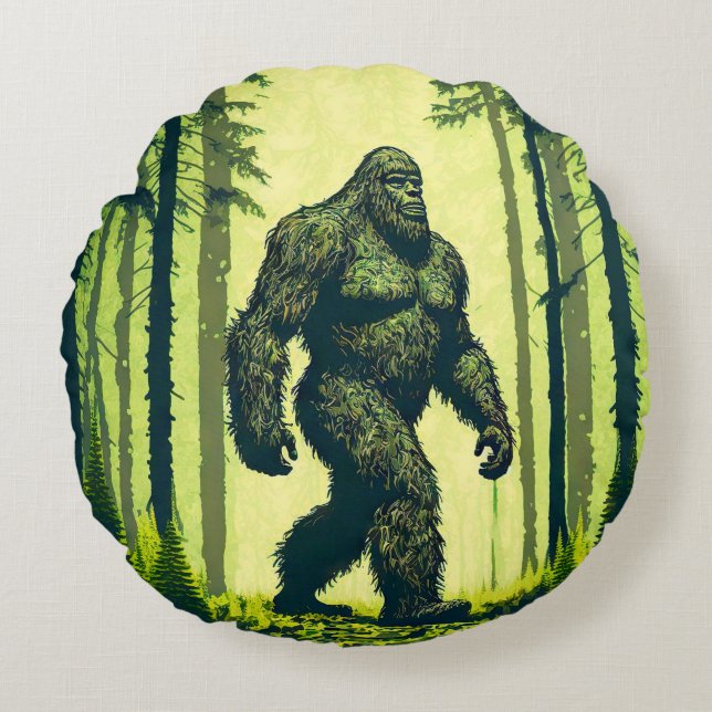 Bigfoot Out für einen Waldspaziergang Sasquatch Rundes Kissen (Vorderseite)
