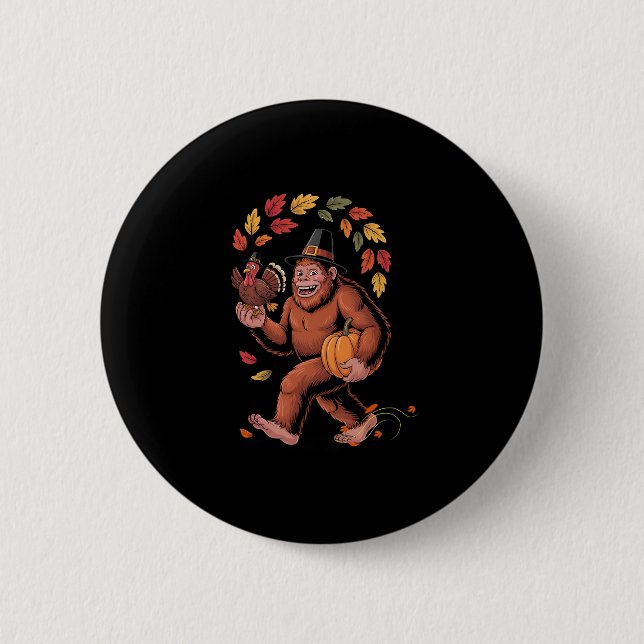 Bigfoot Pilger Truthahn Kürbis Thanksgiving Day Bo Button (Vorderseite)