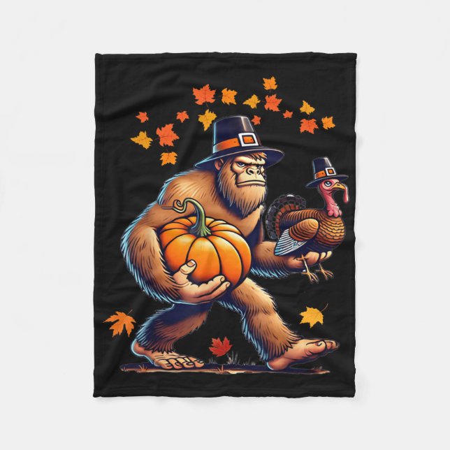 Bigfoot Pilgrim Hat Turkey Day Pumpkin Thanksgivin Fleecedecke (Vorderseite)