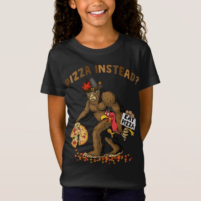 Bigfoot Pilgrim Turkey Pumpkin Eat Pizza Thanksgiv T-Shirt (Vorderseite)