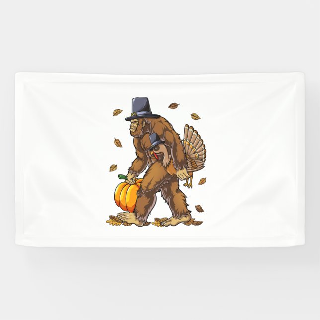Bigfoot Pilgrim Turkey Pumpkin Erntedank Day Bo Banner (Horizontal)