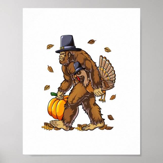 Bigfoot Pilgrim Turkey Pumpkin Erntedank Day Bo Poster (Vorne)