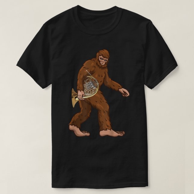 Bigfoot Playing Französisch Horn Spieler Musiker F T-Shirt (Design vorne)