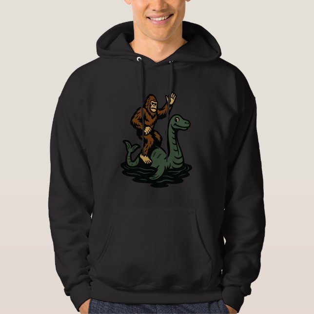 Bigfoot Riding Loch Ness Monster Funny Sasquatch Hoodie (Vorderseite)