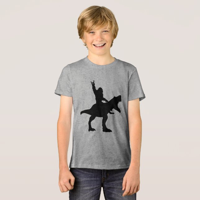 Bigfoot Riding T-Rex Tri-Blend Shirt (Vorderseite voll)
