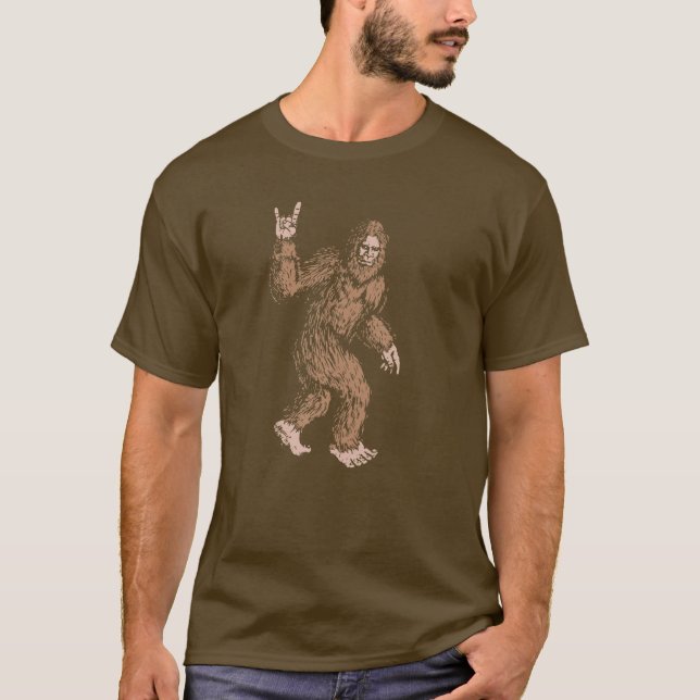 Bigfoot Rock und Roll Sasquatch Hand Symbol T-Shirt (Vorderseite)