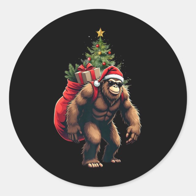 Bigfoot Santa Christmas Tree Lights Funny Xmas Sas Runder Aufkleber (Vorderseite)