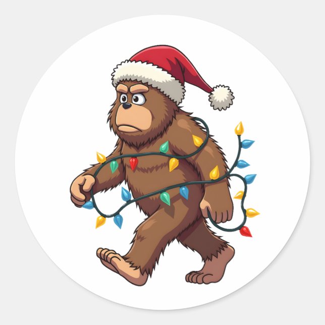 Bigfoot Santa Christmas Tree Lights Xmas Boys Men Runder Aufkleber (Vorderseite)
