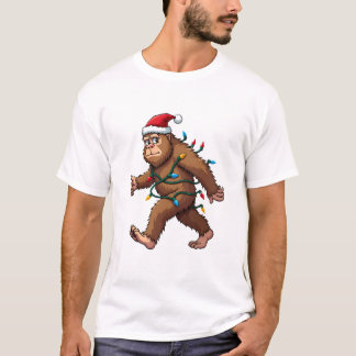 Bigfoot Santa Christmas Tree Lights Xmas Boys Men T-Shirt