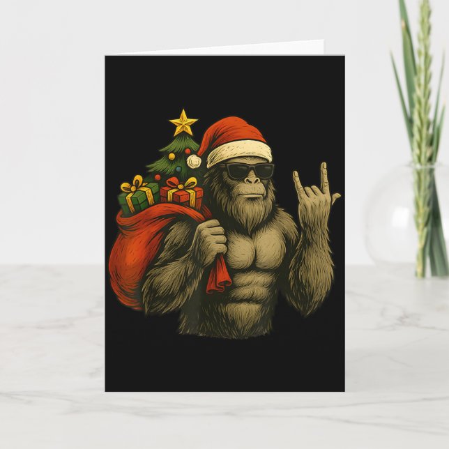 Bigfoot Santa Christmas Tree Rock On Funny Xmas Sa Karte (Vorderseite)