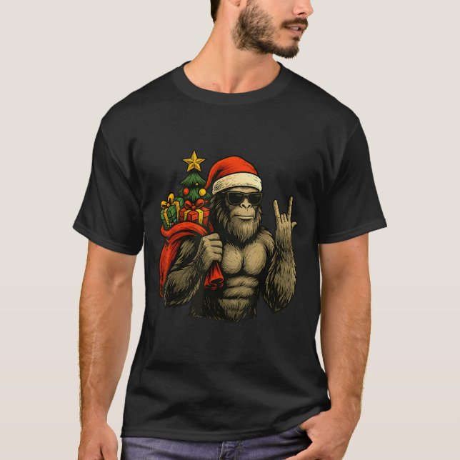 Bigfoot Santa Christmas Tree Rock On Funny Xmas Sa T-Shirt (Vorderseite)