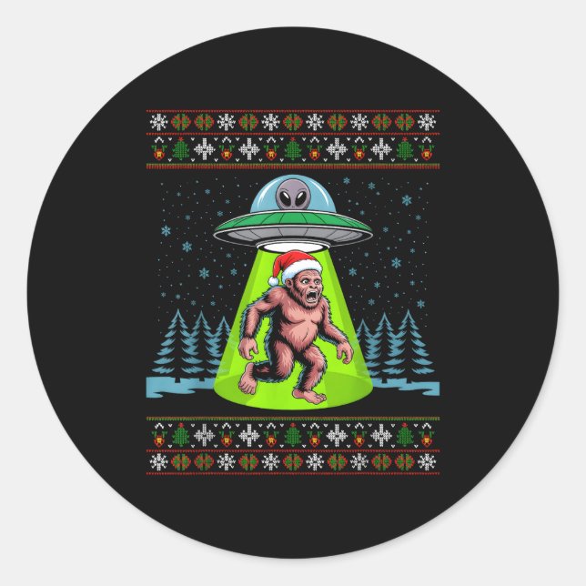 Bigfoot Santa Ufo Sasquatch Funny Ugly Christmas S Runder Aufkleber (Vorderseite)