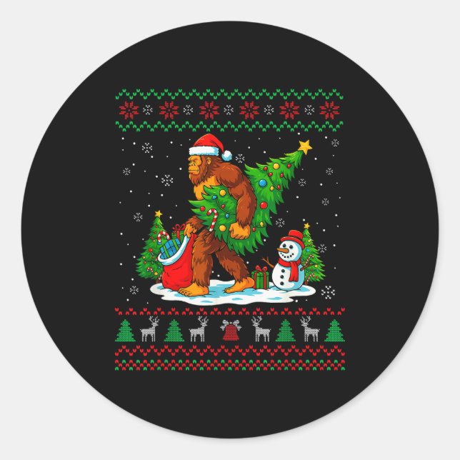 Bigfoot Santa Ugly Christmas Tree Funny Xmas Light Runder Aufkleber (Vorderseite)