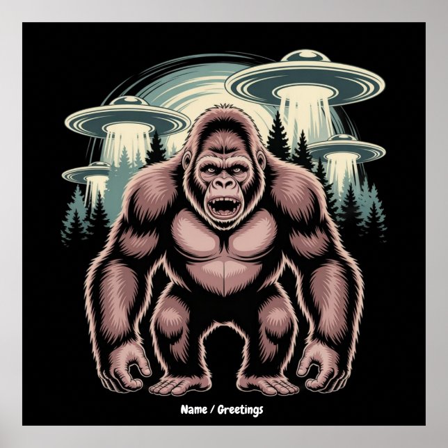 Bigfoot Sasquatch Alien UFO Funny Graphic Design Poster (Vorne)