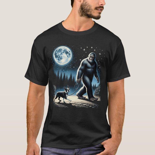 Bigfoot Sasquatch Boston Terrier Walking Dog T-Shirt (Vorderseite)