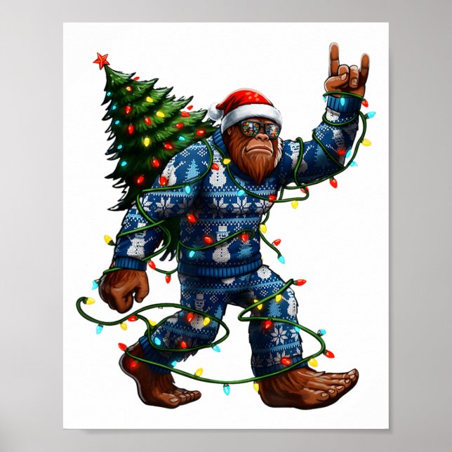 Bigfoot Sasquatch Christmas Tree Santa Hat Lights  Poster (Vorne)