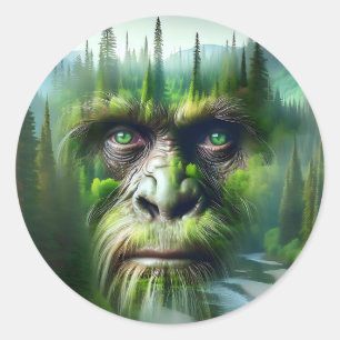 Bigfoot Sasquatch Doppelbelichtung mit Wald Runder Aufkleber