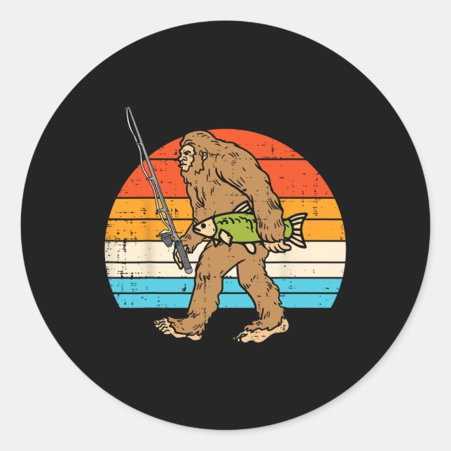 Bigfoot Sasquatch Fischerei Retro Fisherman Men Wo Runder Aufkleber (Vorderseite)