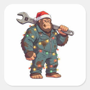 Bigfoot Sasquatch Mechaniker Weihnachten Blaumann Quadratischer Aufkleber