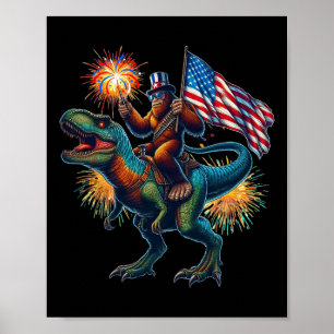 Bigfoot Sasquatch Riding Dinosaur T Rex. Funny 4. Poster
